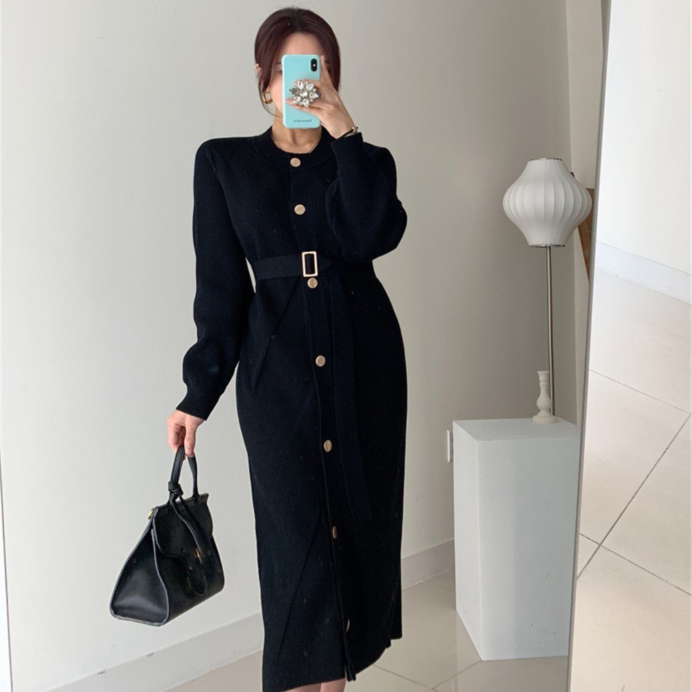 Winter Elegant O-Neck Single-Breasted Women Solid Sweater Long Sleeve Belted Knitted Mid-Length Dress Female 201126