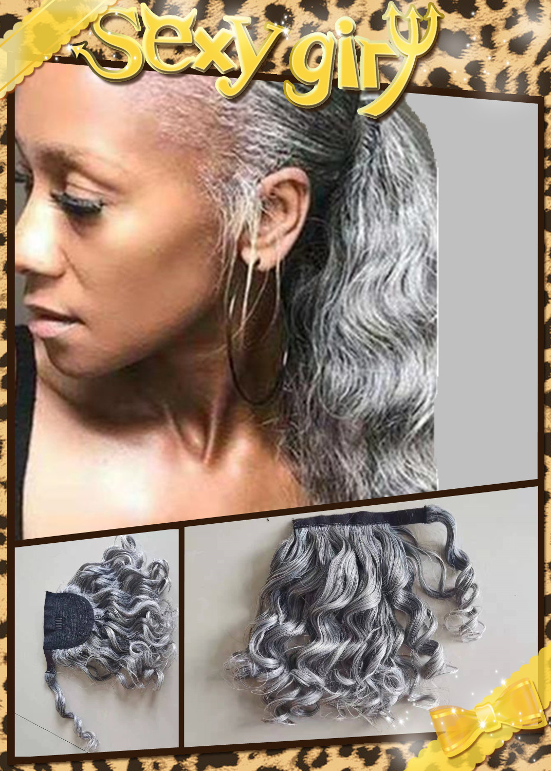 Hot Salt&pepper wavy silver grey hair ponytail for black women short custom two tone gray loose wave natural hairpiece 10-20inch 100g 120g 140g