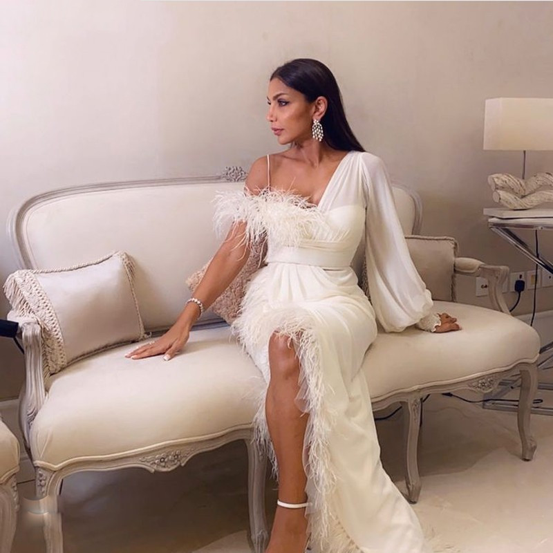 Luxury High Split Prom Gowns Feather Ruffles One Shoulder Party Dresses White Custom Made Mermaid Evening Dresses