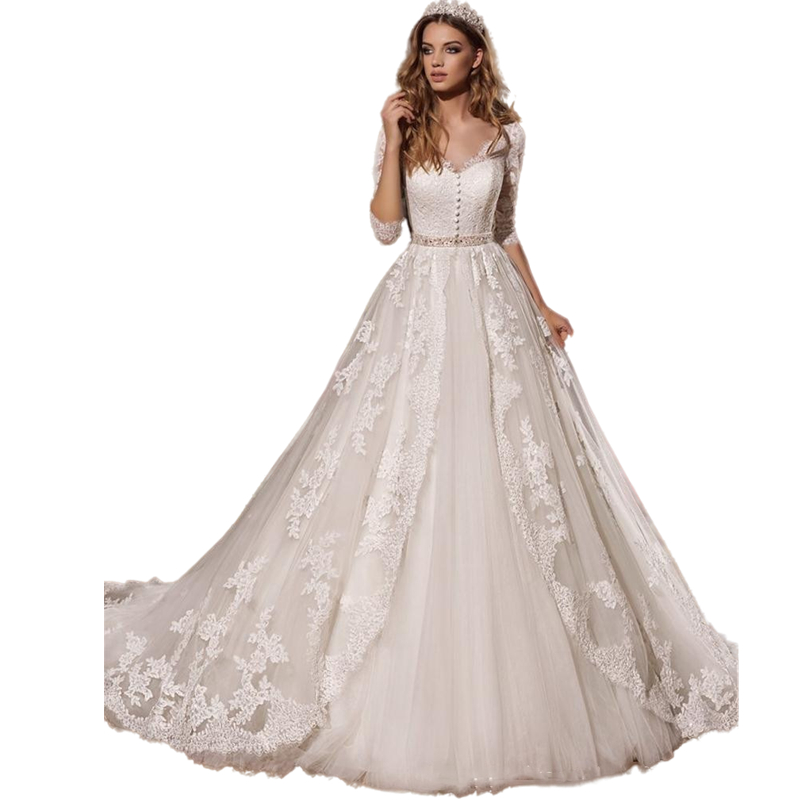 Rustic V-Neck A Line Wedding Dress For Bride 2022 3/4 Long Sleeve Princess Country Wedding Gowns Buttons Appliques Lace Ivory Tulle Bridal Dresses Cus