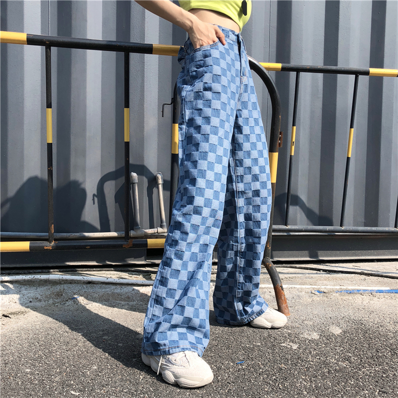 new Cotton Checkered Jeans Women Vintage 90s Boyfriend High Waist Denim Pants Female Plaid Wide Leg Jeans Straight Trousers 201105