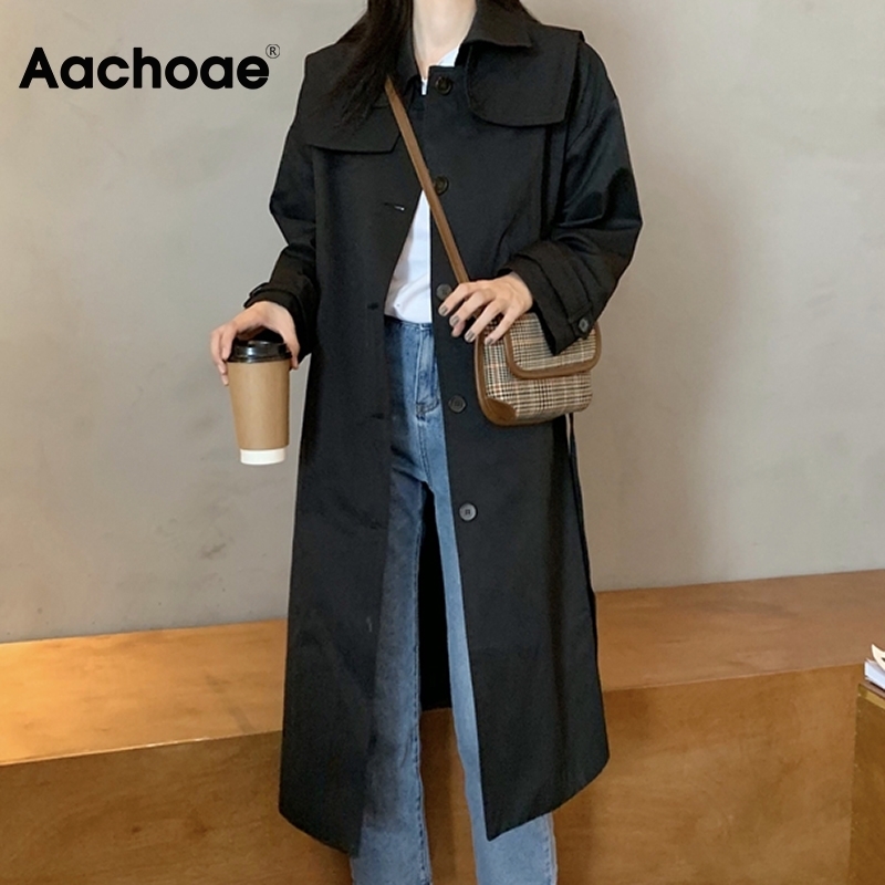Aachoae Casual Trench Coat Long Windbreaker Women Korean Single Breasted Coat With Belt Solid Long Sleeve Pockets Outerwear 201111