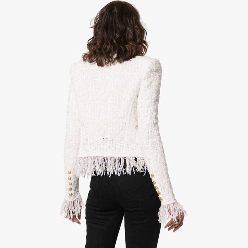 White Tweed Jacket suits Women New Autumn Winter woolen Cloth Fringed Tassel Long Sleeve Office Ladies Womens Jackets Coat 200930