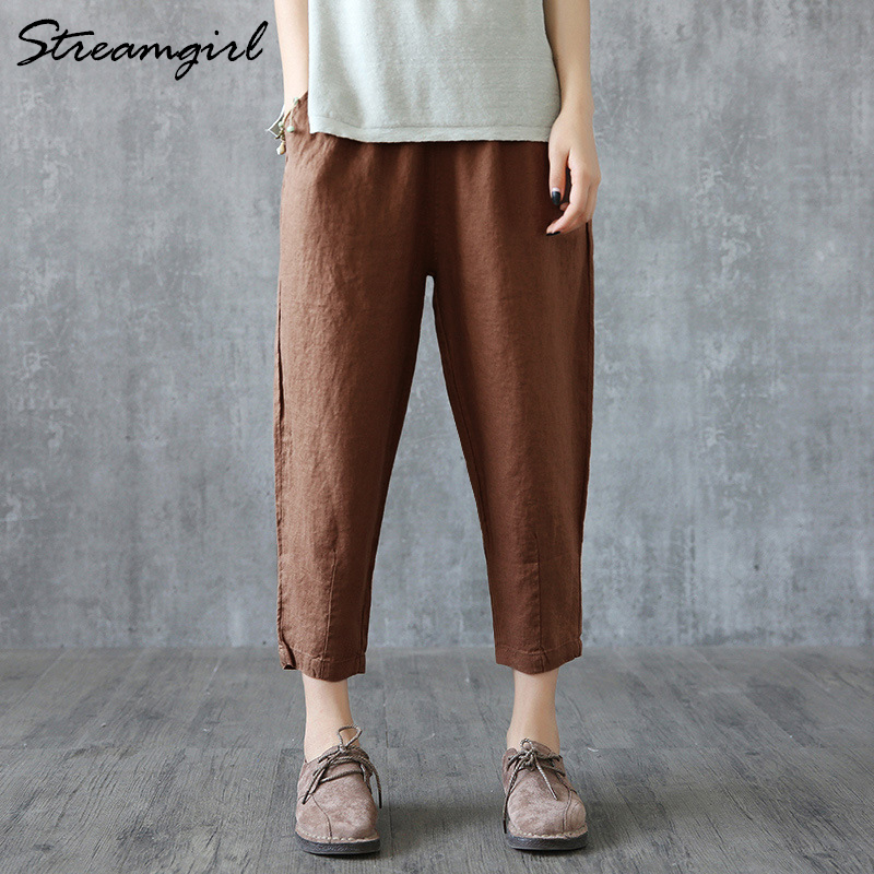Vintage Women Linen Pants Plus Size 2019 Summer Pant Capris Loose Thin Fabric Linen Cotton Pant Solid Color Harem Pants Women T200319