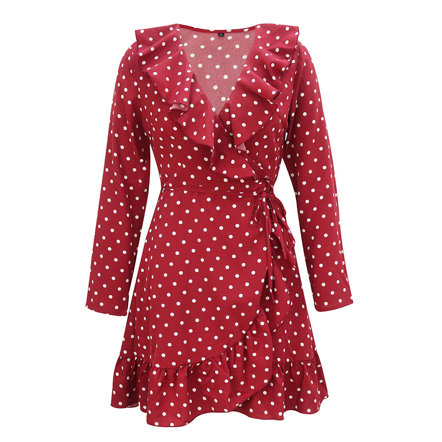 Fashion retro Polka dot long sleeve ruffled print Vneck dress womens mini dress Summer sexy beach short dress vestidos T200613