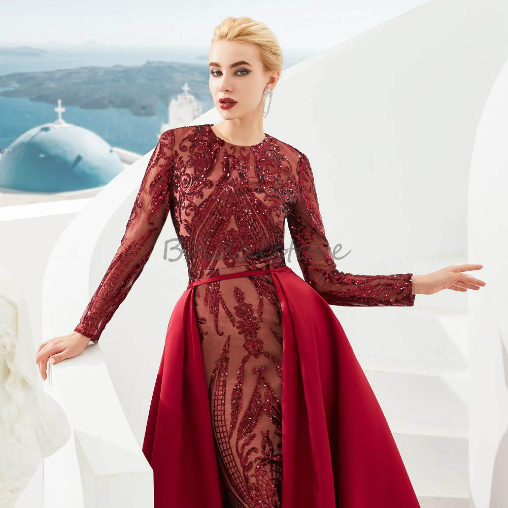 Chi Chi Red Green Mermaid Evening Dresses With Detachable Train O Neck Long Sleeve Sequined Prom Dresses Dubai Muslim Abaya Formal Gown 2021