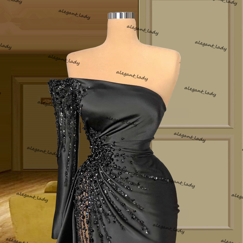 Dubai Black Single Long Sleeve Mermaid Evening Dresses Beads Sequins Longue Robes Formal prom Dress Robes De Soiree