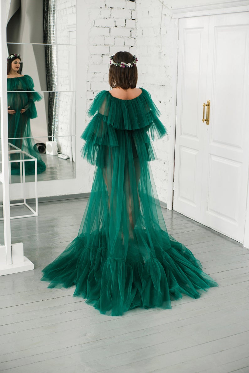 Dark Green Tulle Ladies Ruffles Bathrobe Sleepwear Bridal Long Nightgowns Women Birthday Party Wedding Gowns Shower Robes