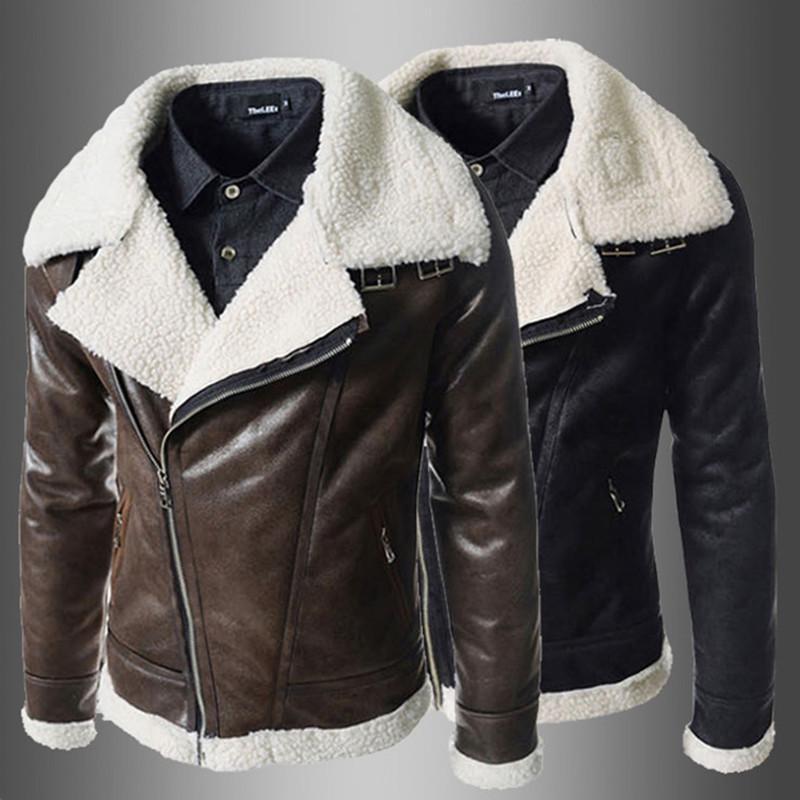 Men Lamb Wool PU Jackets Korean Style Men's Slim Large Collar Leather Jacket Fashion Outerwear Winter Streetwear