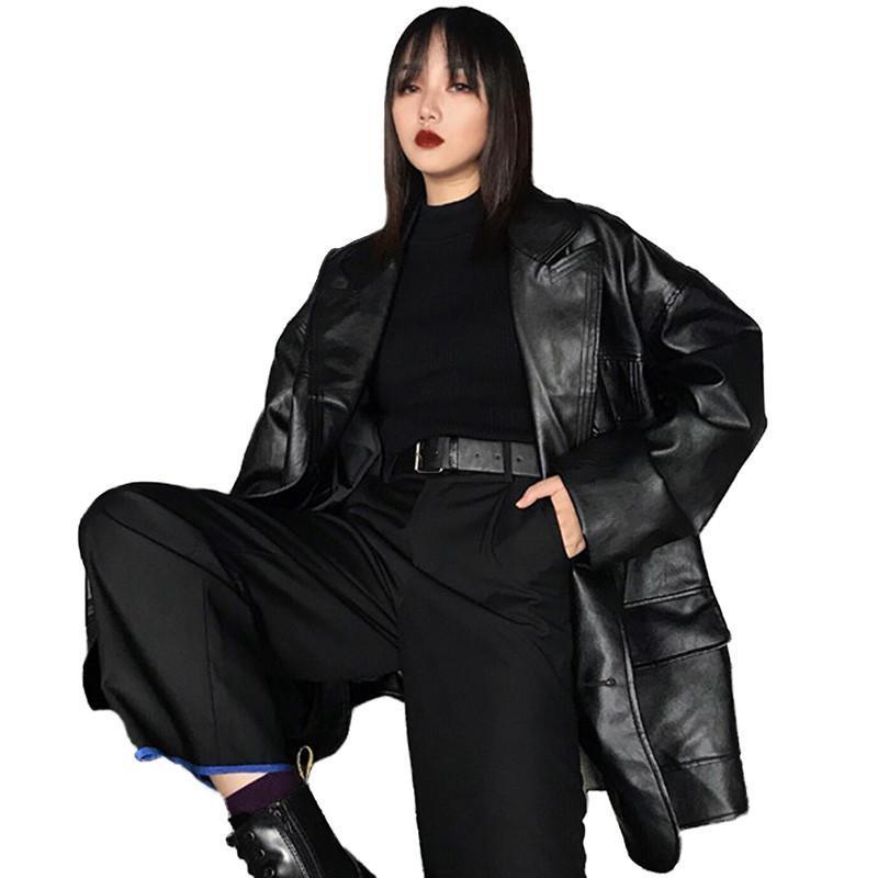 Women Spring Autumn Faux Leather Jackets Female Lapel Loose Casual Coats Vintage Wild Motorcycle PU Leather Outwear L01 201020