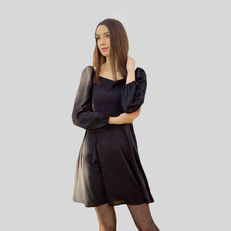 CHURSES Solid Casual Spring Mini Dress Puff Sleeve Square Neck Elegant Slim Party Dress Ladies Vintage A Line Women Dresses 2022 211221