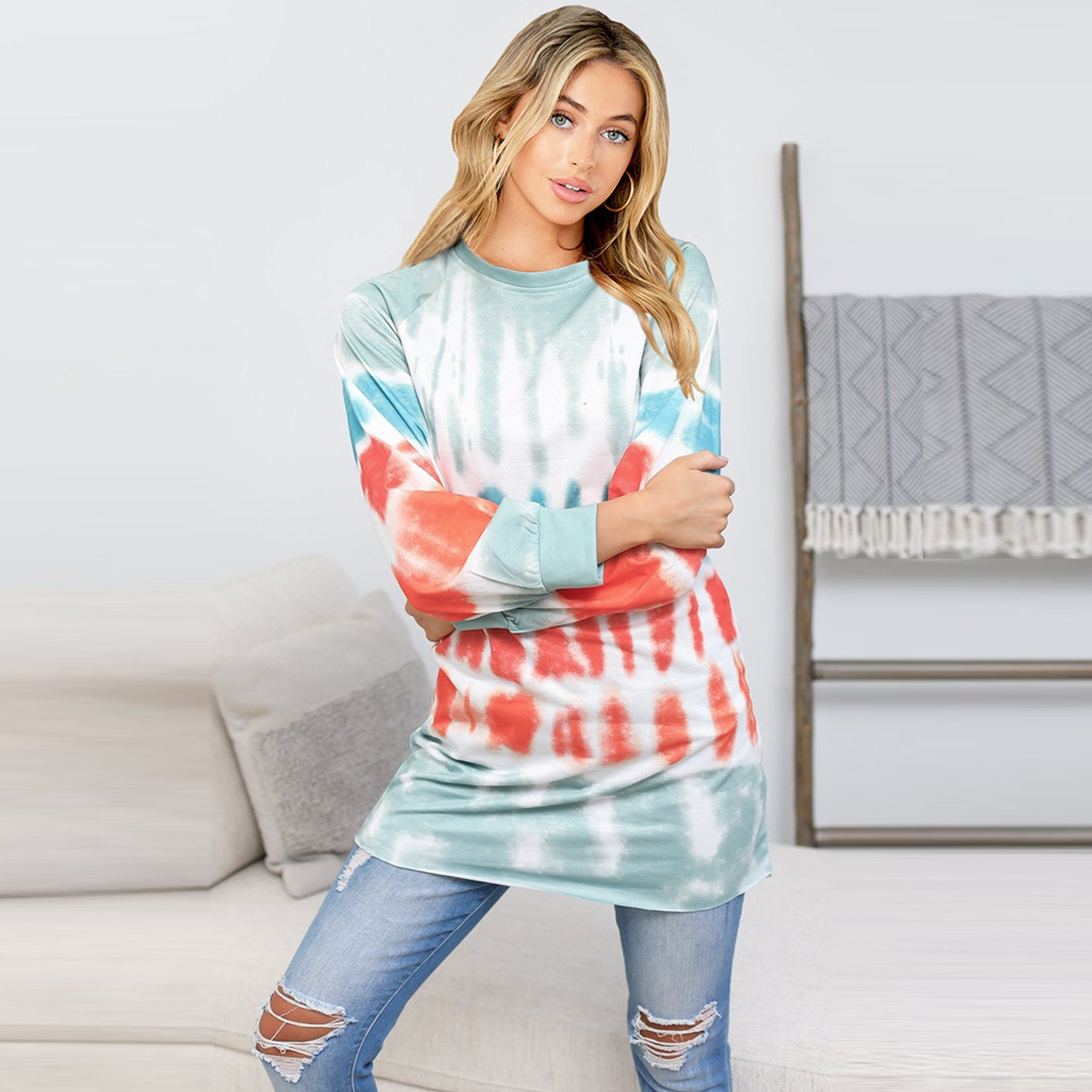 2021 autumn and winter tie-dye printed sweater European and American style contrast long-sleeved round neck T-shirt