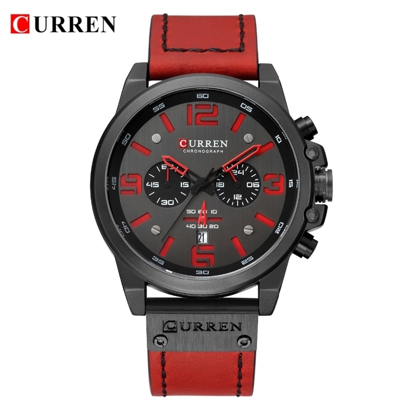 Reloj Hombre Casual Quartz Watches For Men CURREN Fashion Red Leather Sports Men Wristwatch Chronograph Male Watch LJ201119
