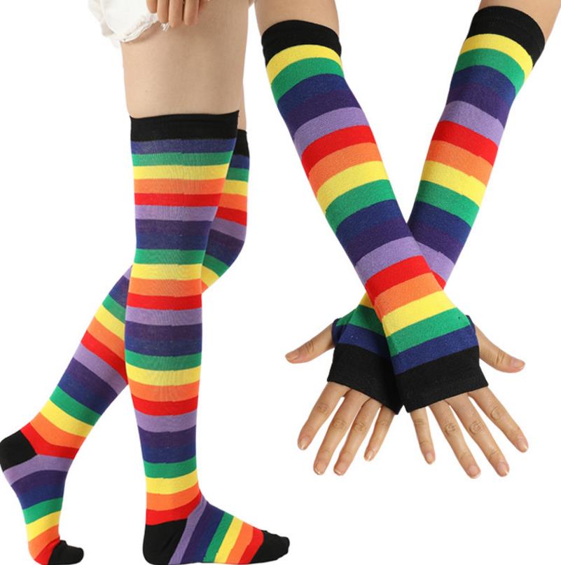 Rainbow Costume Set Stripe Knee High Socks Arm Warmer Fingerless Gloves Set for Teen adults Halloween Cosplay Xmas Dress-up Stage Wear