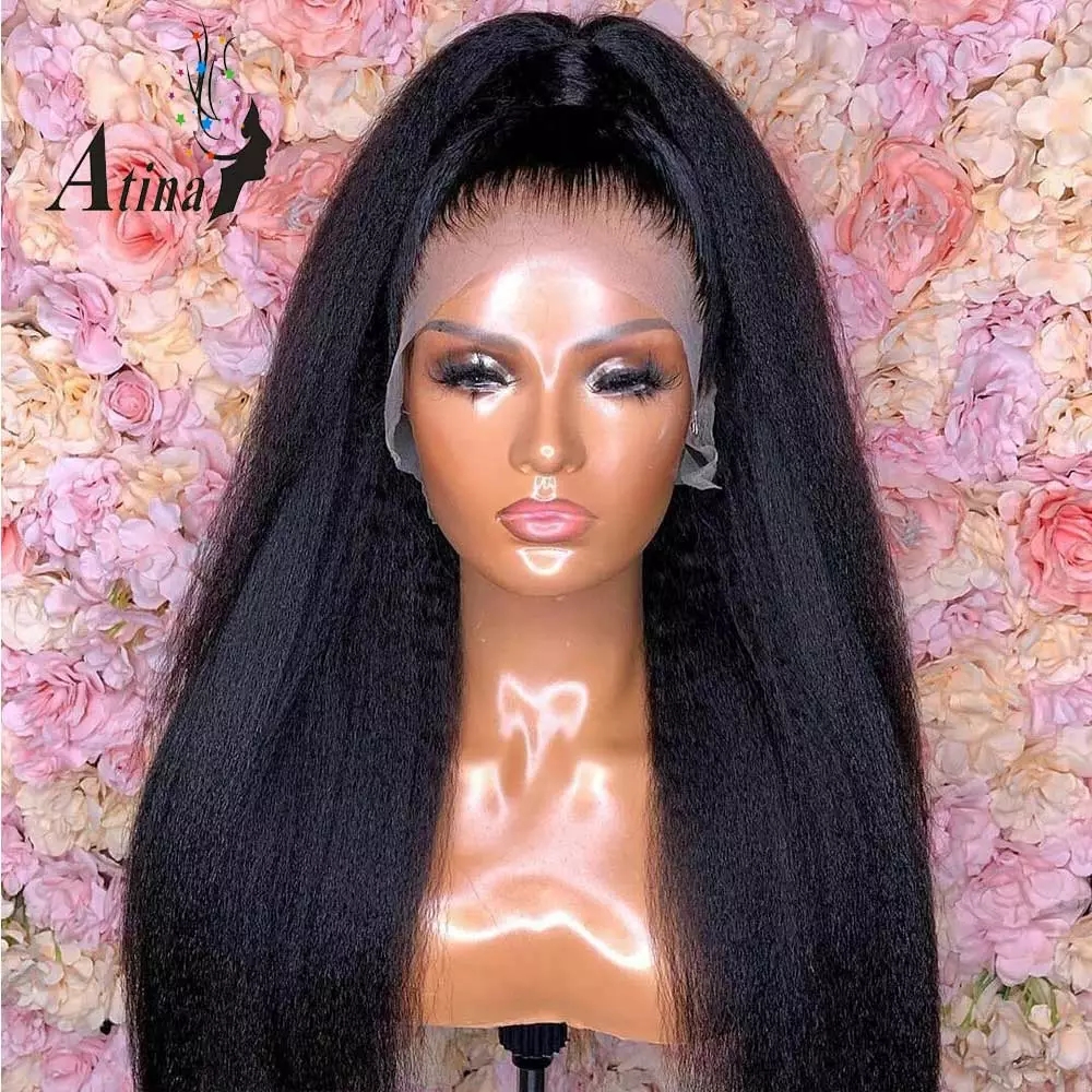 Free part Pre Plucked italian yaki synthetic lace front Wig Kinky Straight 13x4 Brazilian Invisible Lace Wig With Baby Hair