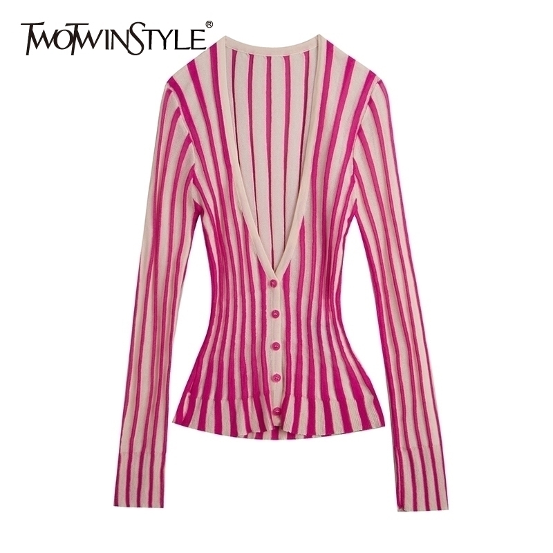 

TWOTWINSTYLE Casual Striped Wemon Sweaters V Neck Long Sleeve Tunic Hit Color Sweater For Female Fashion Spring Clothes New 201202, Blue