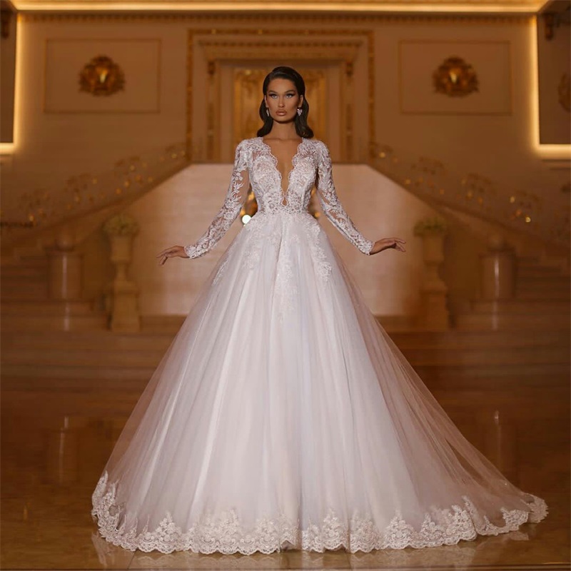 Newest Chic A Line Wedding Dresses Long Sleeves Custom Made Lace Appliqued Beach Boho Bridal Gowns Gorgeous Soft Tulle Robes De Mariée