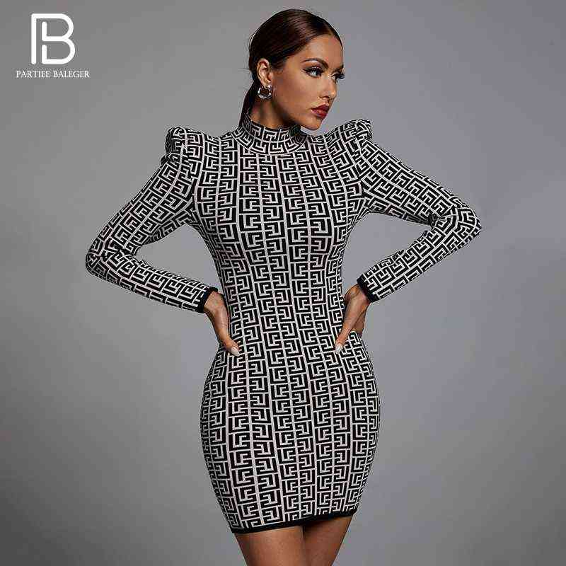 PB Chic Geometric Jacquard Mini Dress Long Sleeves Stand Collar Celebrity Party Club Bandage Vestido 211221