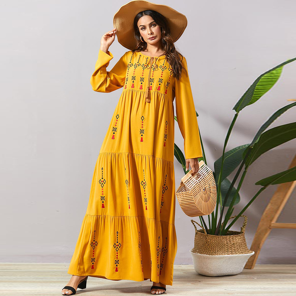 Siskakia Pleated Embroidered Bohemian long dress Fashion Arab Muslim Women's Maxi Robe Dress Long Sleeve Swing Ethnic Clothing T200601