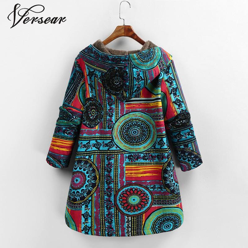 Versear Female Jacket Plush Coat Women Windbreaker Winter Warm Outwear Floral Print Hooded Pockets Vintage Oversized Coats Plus