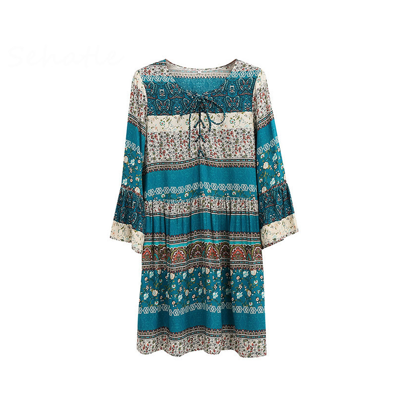 Summer dresses new Sehatle mini bohemian boho dress casual beach V-neck sexy short print pleated clothing flare for women T200604