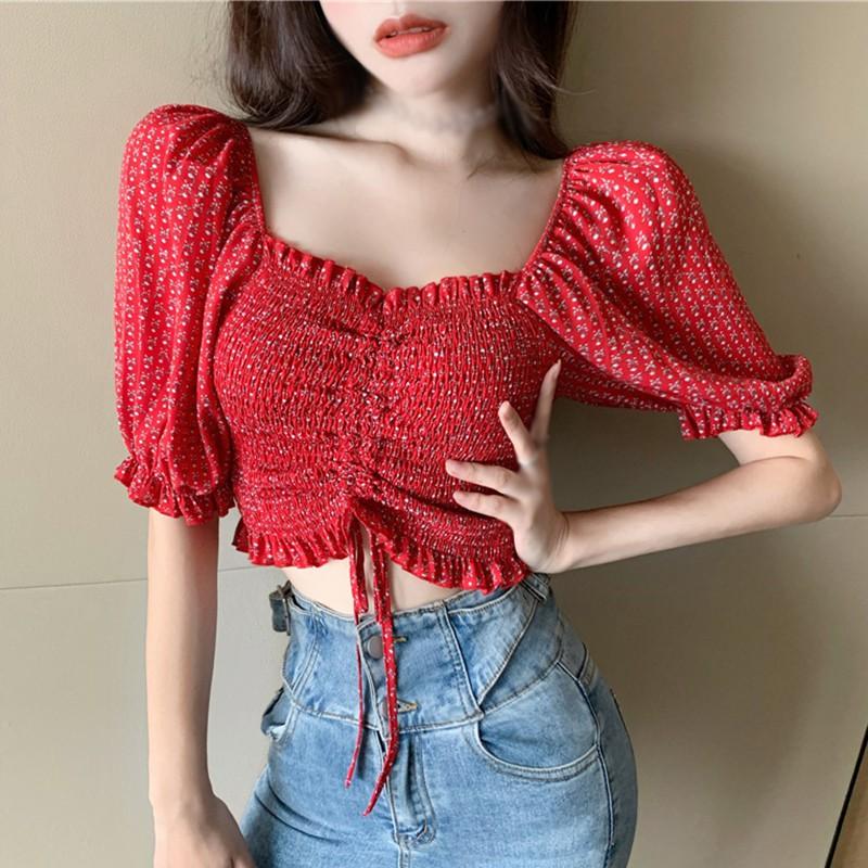 Women Floral Printed Slash Neck Blouse Sexy Sweet Pleated Exposed Navel Short Sleeve Chiffon Shirt Tops, Red
Women Floral Printed Slash Neck Blouse Sexy Sweet Pleated Exposed Navel Short Sleeve Chiffon Shirt Tops, Red