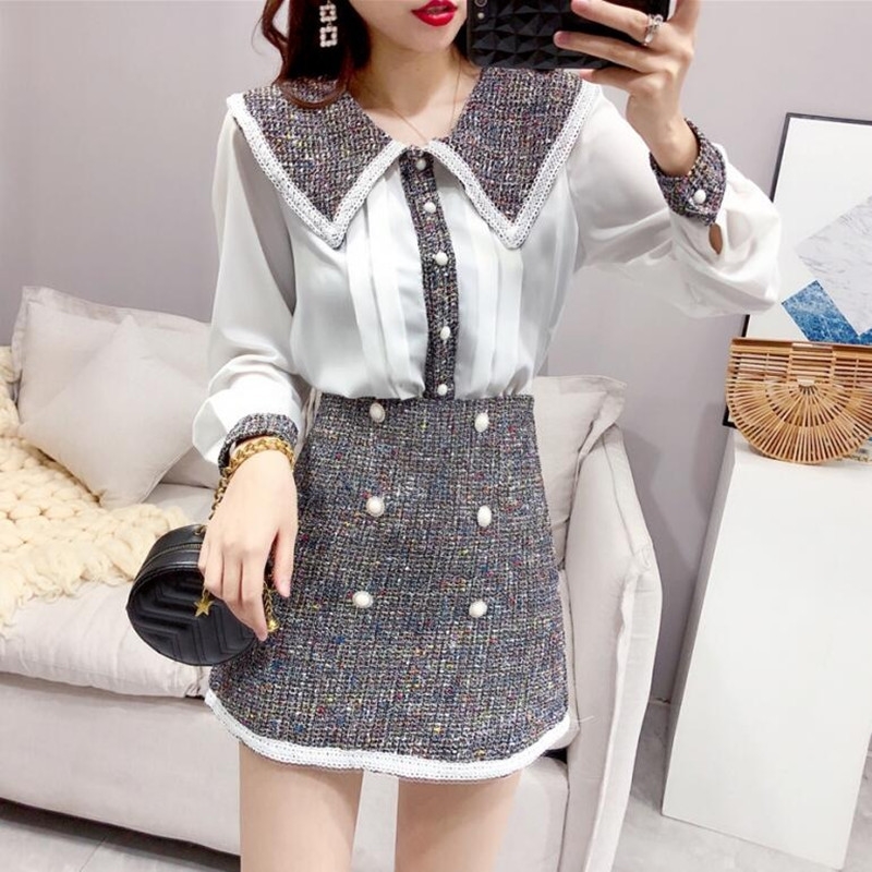 Ladies Fashion Tweed 2 Piece Set Women Autumn New Peter pan collar Stitching Chiffon Shirt and Tweed High waist Mini Skirt Sets T200325, Black
Ladies Fashion Tweed 2 Piece Set Women Autumn New Peter pan collar Stitching Chiffon Shirt and Tweed High waist Mini Skirt Sets T200325, Black