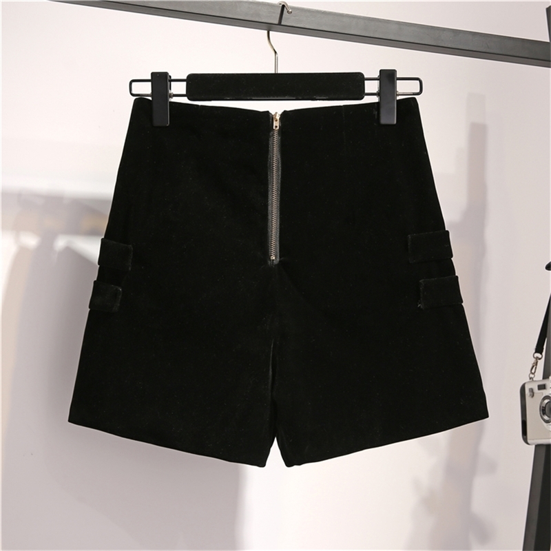Autumn New Golden velvet Shorts Suits Ladies Two piece set Bow lace up collar Shirts and Double-breasted High waist Shorts Suits 201120