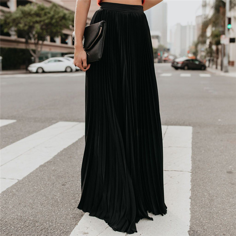 Fashion Pleated Long Skirt 2019 Lady Casual Loose Soild High Waist Long Skirt Ladies All-match Ankle-Length Skirts Multi Colors T200301
