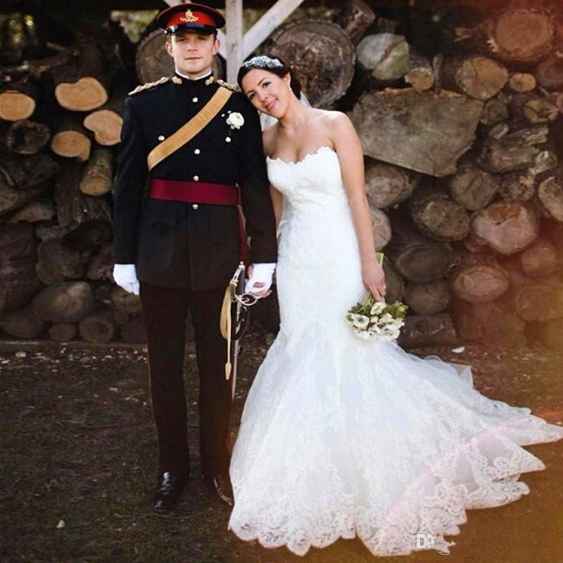 Design Elegant Simple Long Mermaid Wedding Dresses Strapless Full Lace Sweep Train Bridal Gowns Custom Size Fashion 322