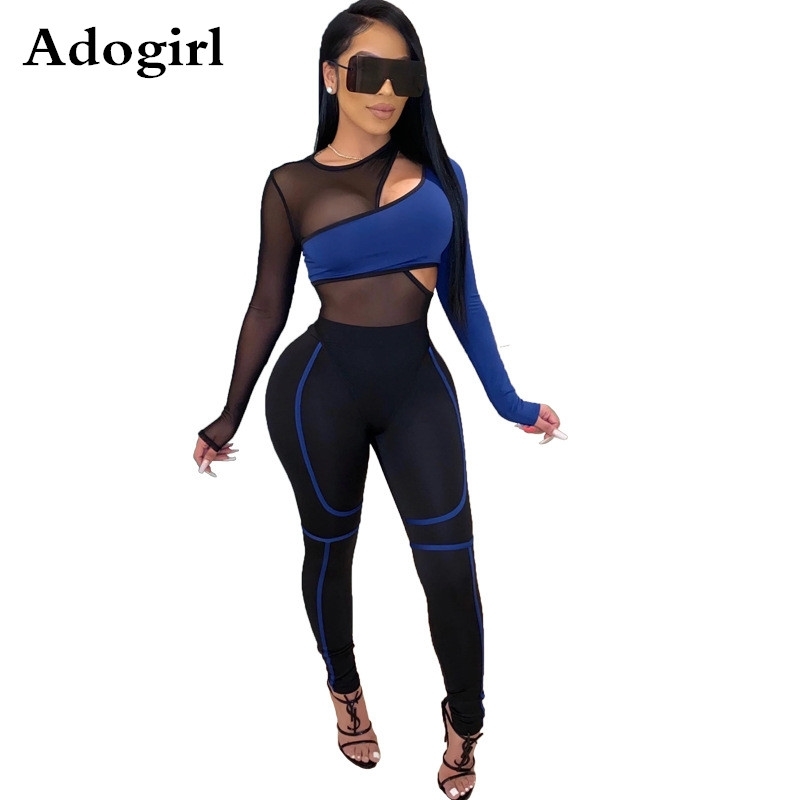 2 Piece Joggers Tracksuit Long Sleeve Mesh Hollow Out Bandage Bodysuit+Pencil Pants Matching Sets Jogging Femme Plus Size S-XXL