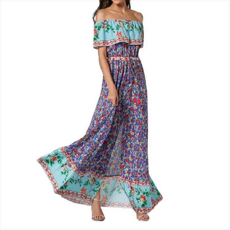 women boho long dress floral printing beach maxi dress off shoulder vintage big pleated female vestidos, Black;gray
women boho long dress floral printing beach maxi dress off shoulder vintage big pleated female vestidos, Black;gray