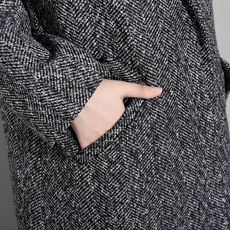 LANMREM Antumn Winter Herringbone Casual Open Stitch Pockets Wide-waisred Mid-calaf Loose Coat Woman Overcoat EF443 201222