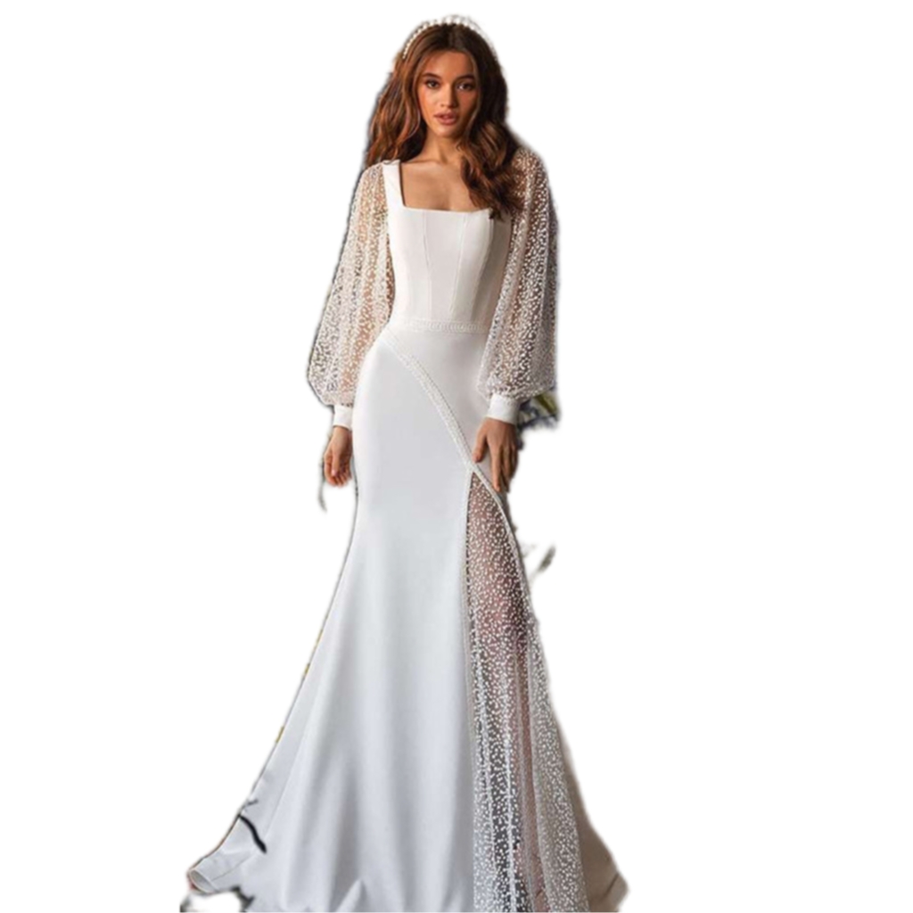 Elegant Wedding Dresses With Square Long-sleeves Back-less High-slits Custom made Appliqued Lace Bridal Gowns Glitter Sweep Train Robes De Mariée
