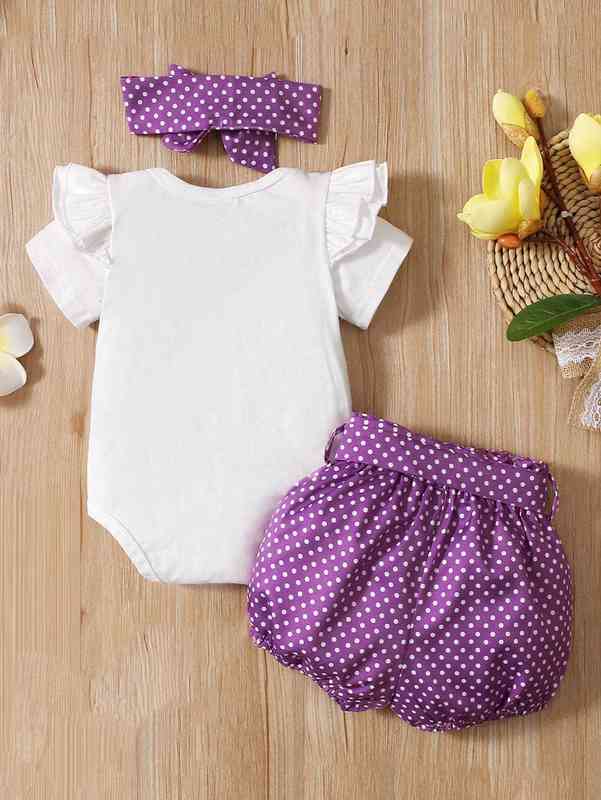 Baby Slogan Graphic Ruffle Trim Bodysuit & Polka Dot Belted Shorts With Headband SHE