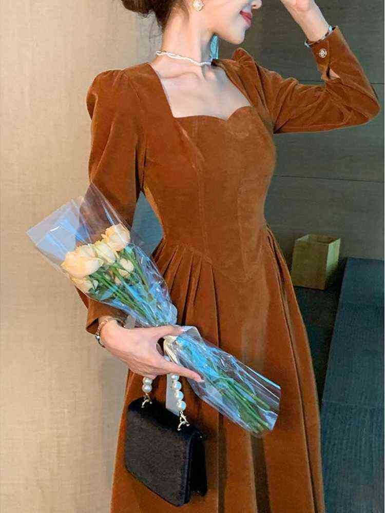 France Vintage Dress Women Autumn Winter Solid Retro Elegant Evening Party Midi Dress Long Slevee Korean Style Dress Fairy 2021 G1223, Borwn
France Vintage Dress Women Autumn Winter Solid Retro Elegant Evening Party Midi Dress Long Slevee Korean Style Dress Fairy 2021 G1223, Borwn