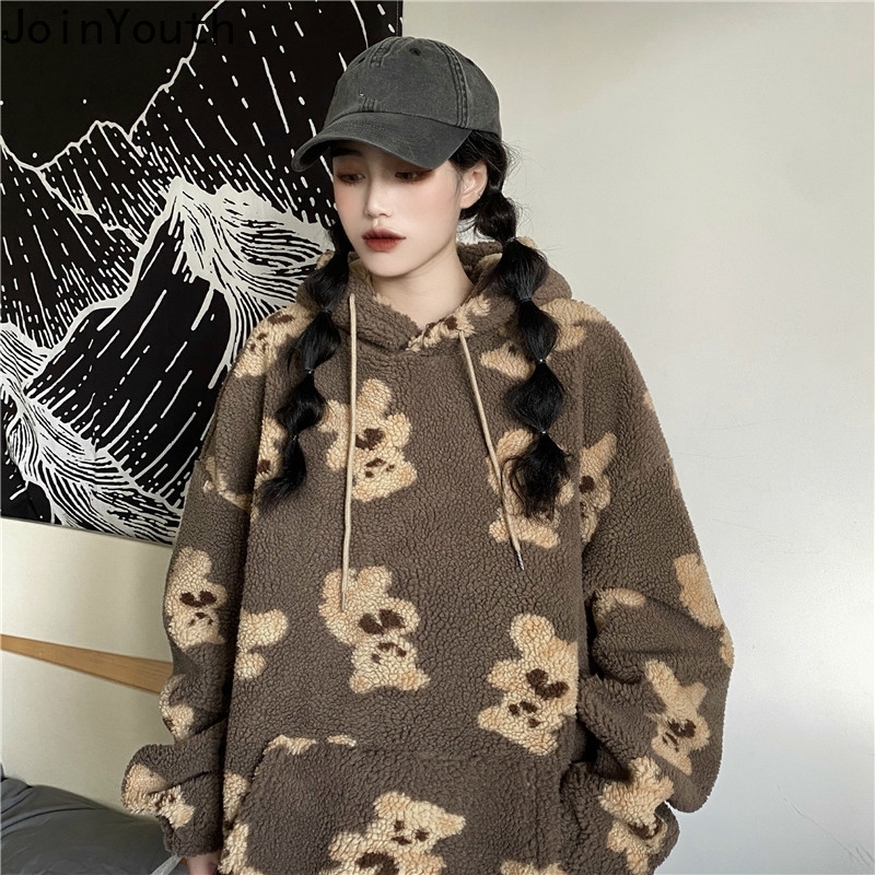 Joinyouth Sweatshirt Fall Winter Clothes Women Korean Hooded Cartoon Bear Thicked Outwear Lamb Wool Loose Casual Hoodies Coat 201202