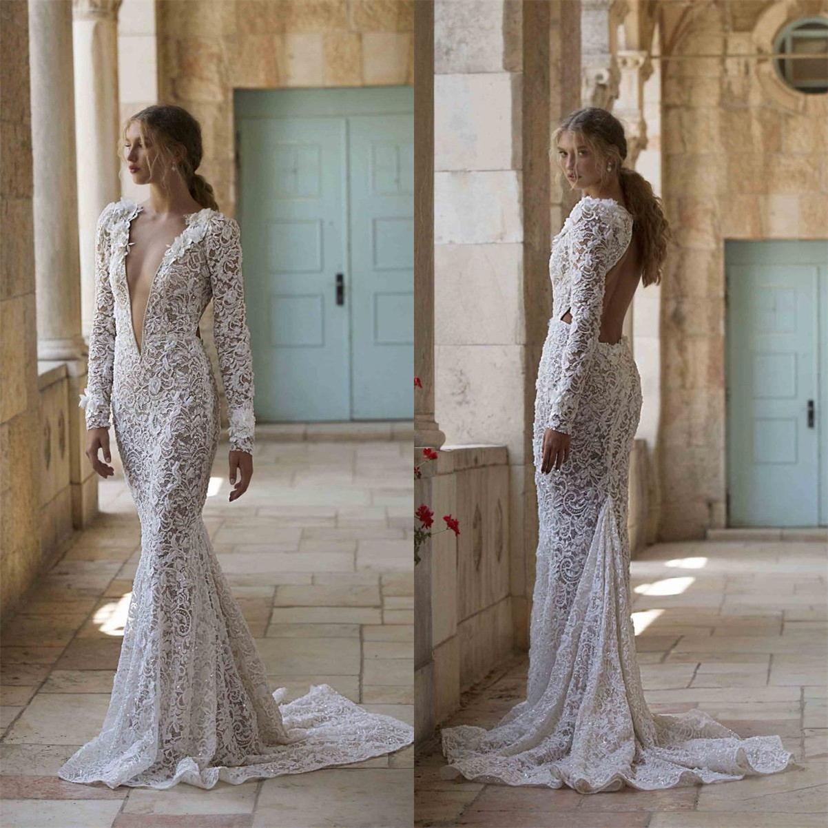 Berta Full Lace Mermaid Wedding Dresses Deep V Neck Long Sleeve Bridal Gowns Sequins Open Back Boho vestido de novia