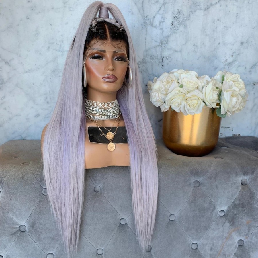 Long middle part ombre grey brazilian full Lace Wig Pre Plucked 13x4 Frontal synthetic Wig for women can be braided