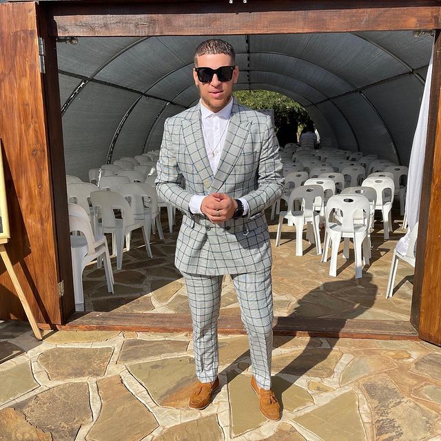 Gray Check Double Breasted Mens Pants Suits Plus Size Groom Best Man Coat Business Wedding Blazer (Jacket+Pants)