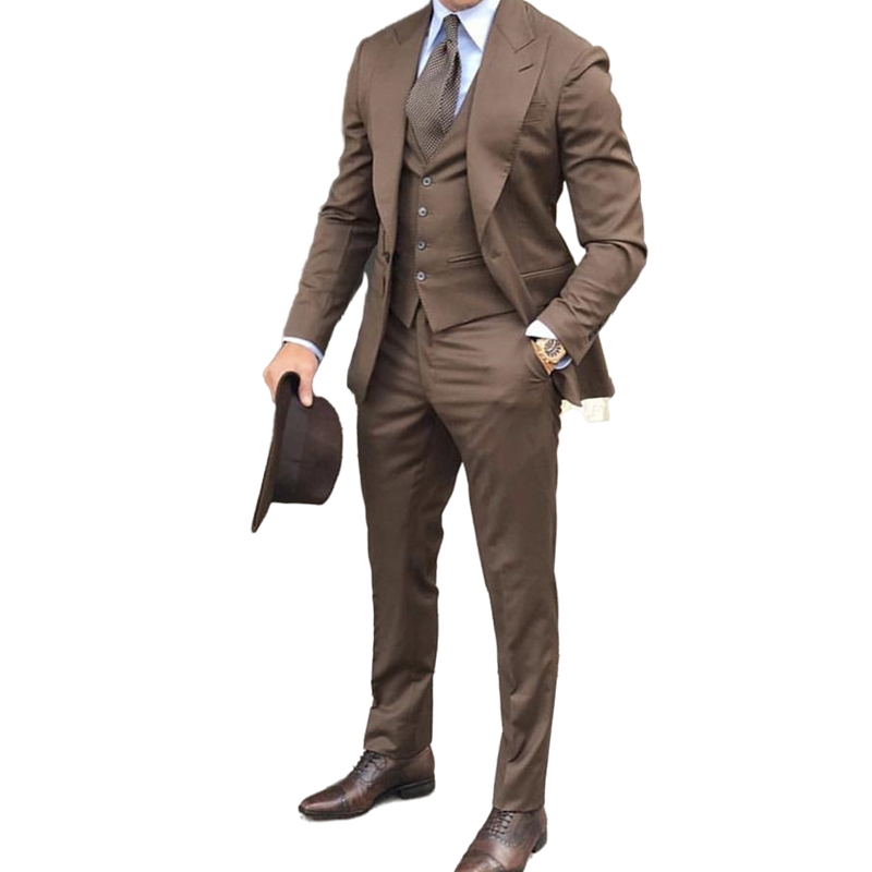 Handsome British Brown Wedding Tuxedos Groom Formal Wear Mens Suits Slim Fit Peaked Lapel Prom Party Men Groomsmen Blazer 3 pieces Designs ( Jacket+Pa