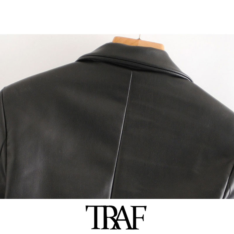 TRAF Women Fashion Faux Leather Cropped Blazers Coat Vintage Notched Collar Long Sleeve Female Outerwear Chic Tops 201114