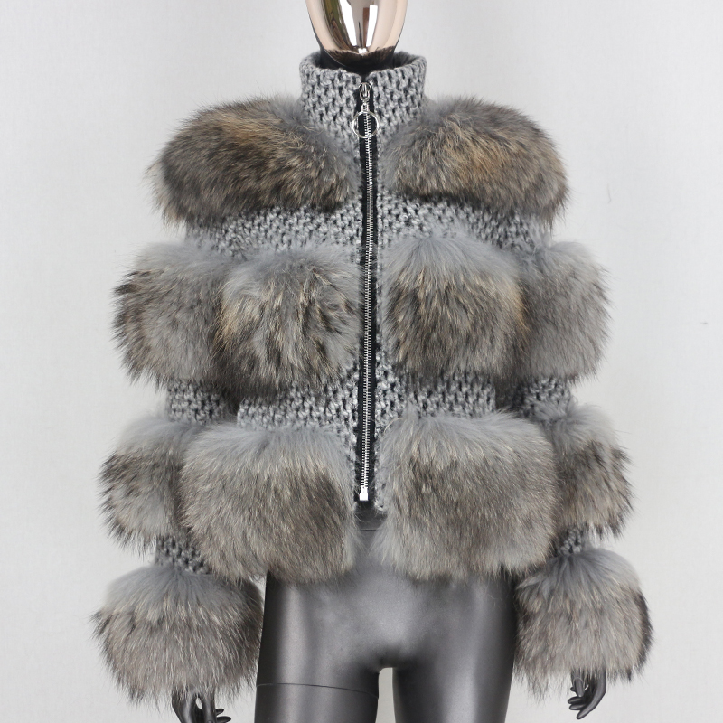 BLUENESSFAIR Winter Jacket Women Real Fur Coat Parka Natural Raccoon Fur Wool Weave Fabric Thick Warm Outerwear Streetwear 201103