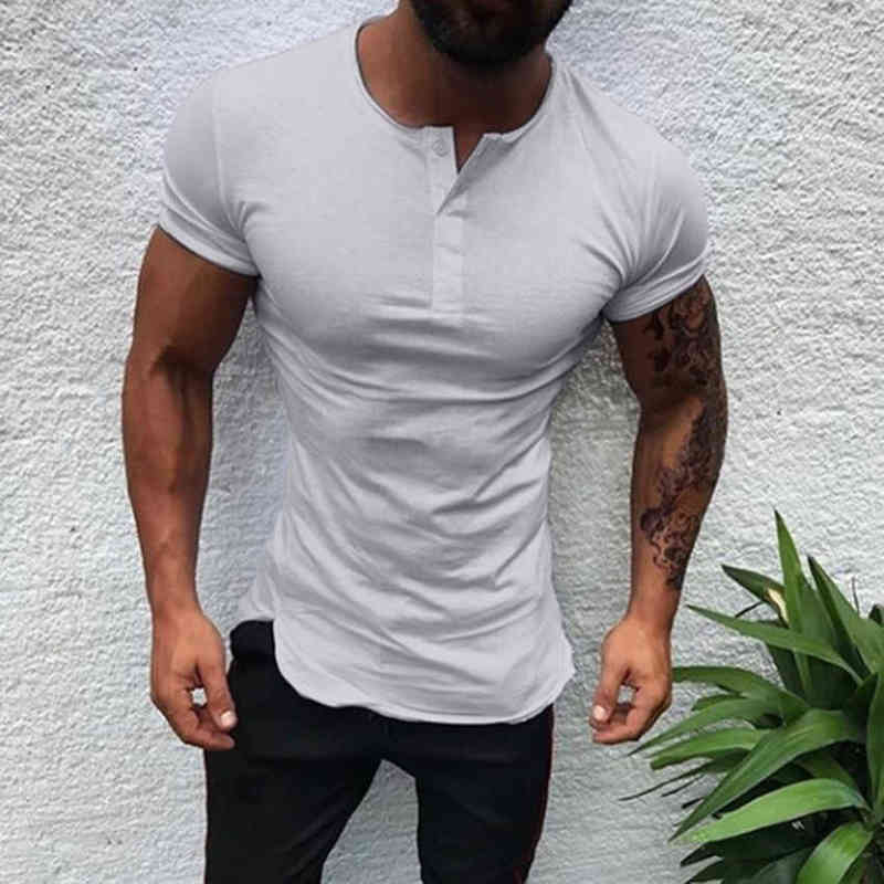 Men Henley Shirt new Tee Tops Short Sleeve Stylish Slim Fit T-shirt Button Collar Casual Men Outwears Clothing Man Y220214