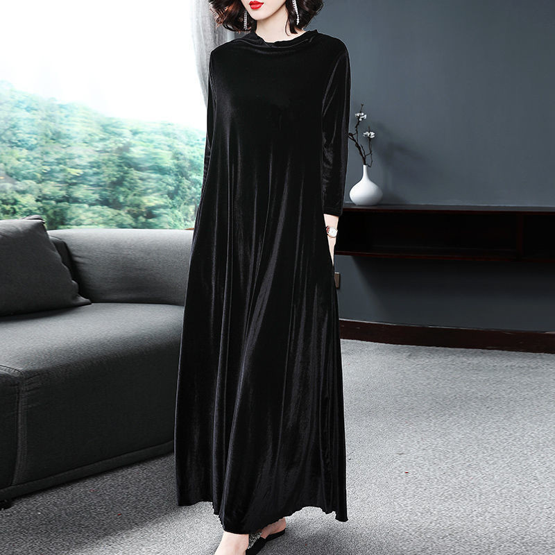 Velvet Dresses Middle Aged Women Winter Plus Size Casual Loose Long Sleeve Solid Color O-neck Maxi Vintage Vestidos T200911