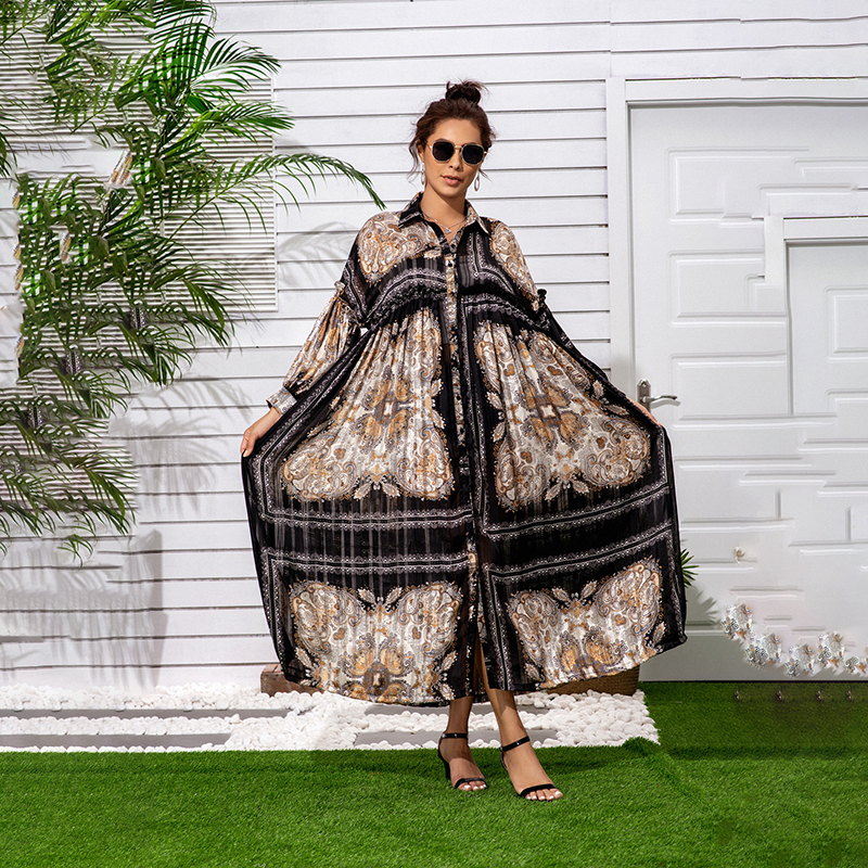 [EWQ] 2020 Summer New Pattern Lapel Long Lantern Sleeve Chiffon Print Patchwork Single Breasted Beach Style Dress Women LJ201202