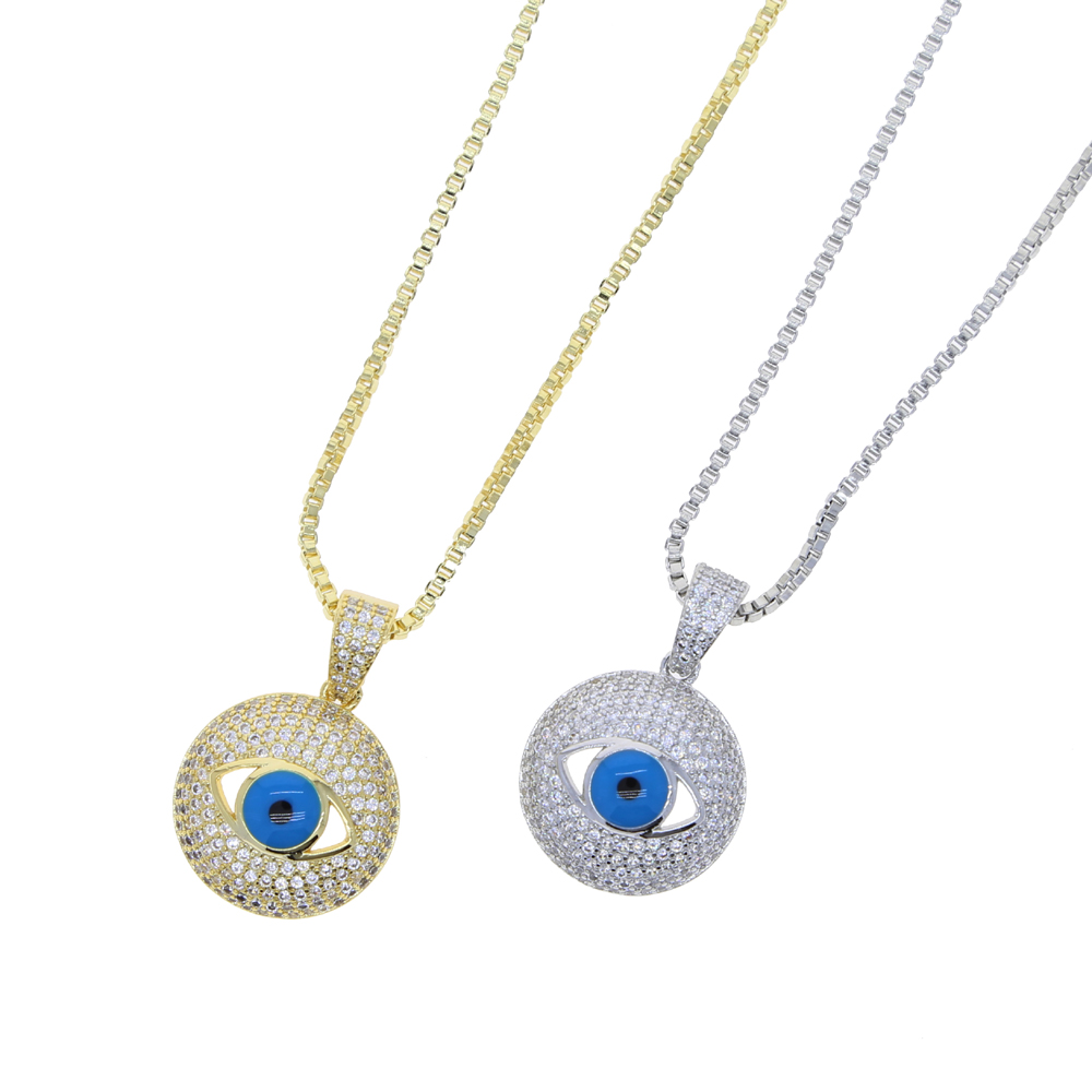 Hip hop Turkish Evil Eye charm necklace Jewelry For Women 5A Cz paved round pendant blue Eye Choker Necklace with box chain