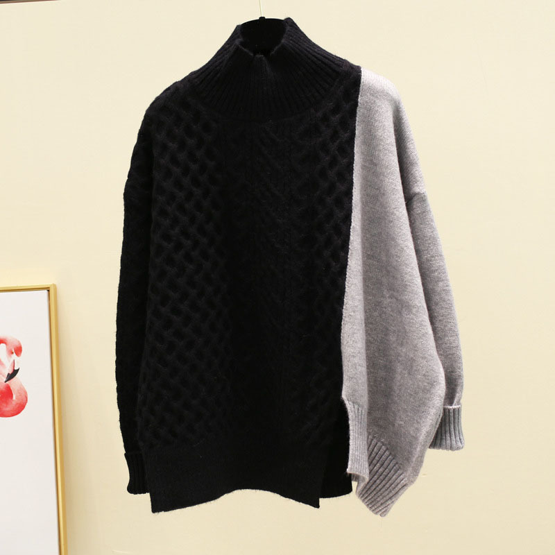 Women's Contrast Patchwork Half Turtleneck Sweater Women's Winter Korean Loose Turtleneck Student Knit Sweaters Pullovers ML209 201224