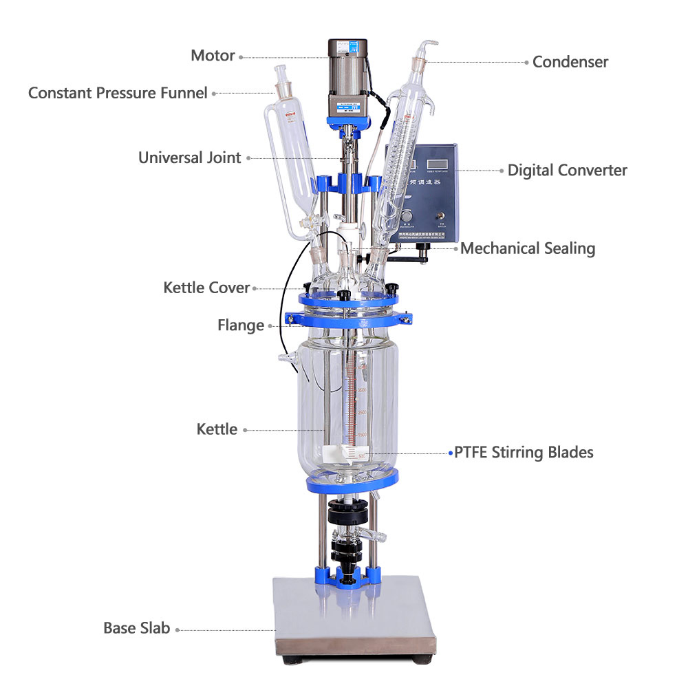 ZZKD Lab Supplies 5L Kettle Reactor Double Layer Glass Reaction with Dropping Flask Stirrer Condensor Seal