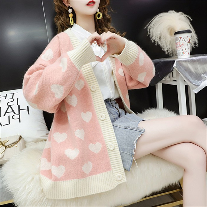 Autumn New Style Cardigan Oversized Sweater Women's Korean-style Loose Thick Heart Very Fairy of Sweater Students Coat 201017
